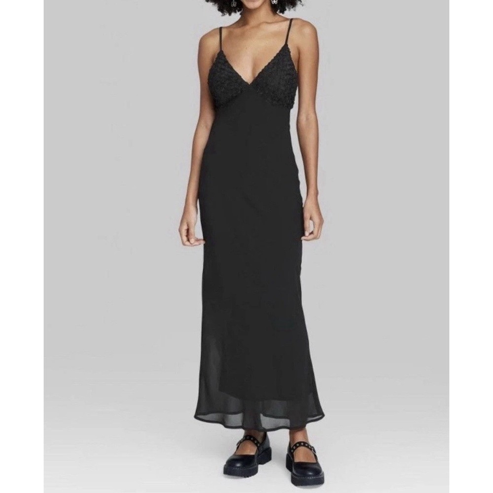 Whimsigoth Black Sleeveless Rosette Cup Maxi Slip Dress Dark Romantic Fairygoth